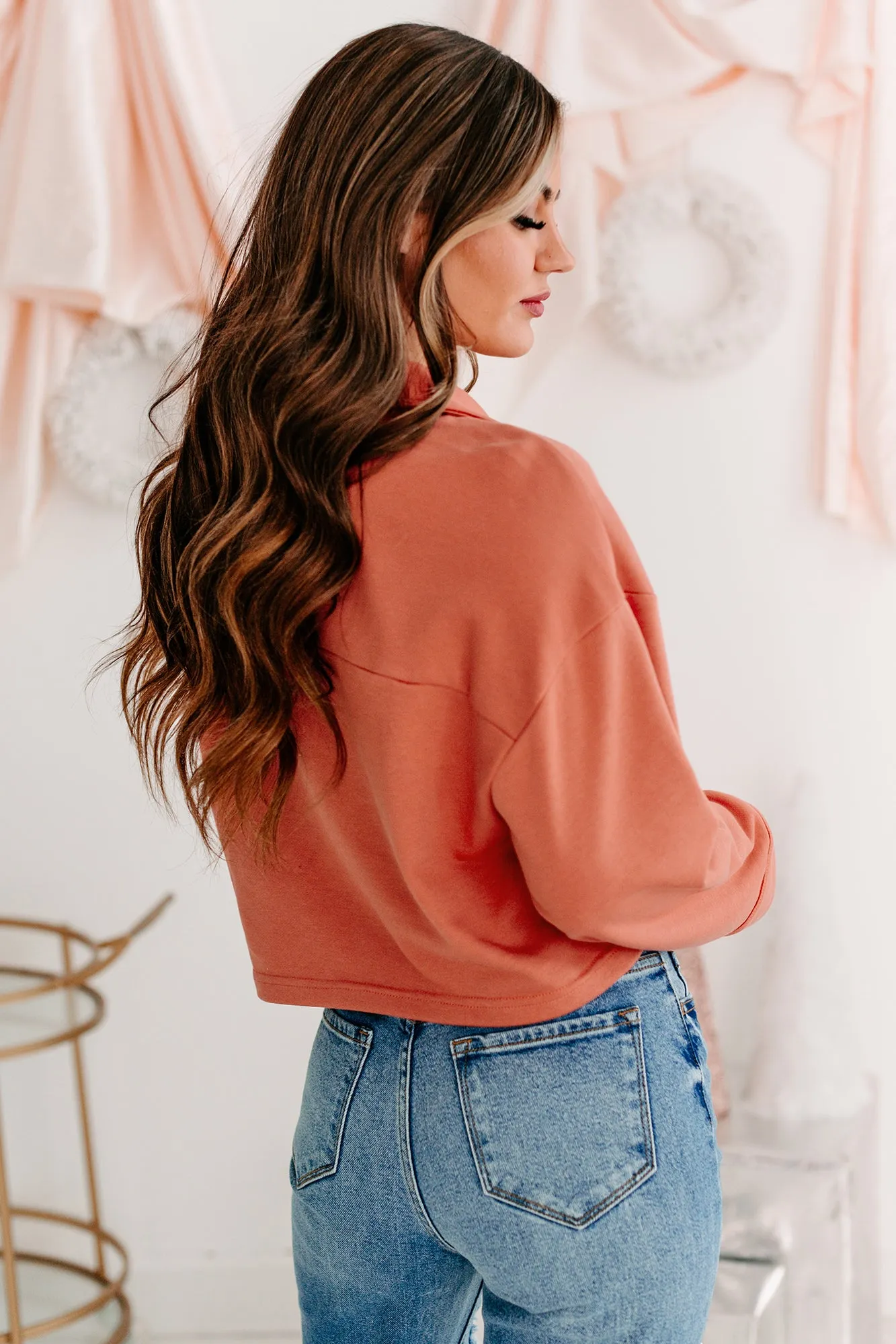 Let's Talk It Out French Terry Collared Crop Top (Brick)