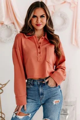 Let's Talk It Out French Terry Collared Crop Top (Brick)