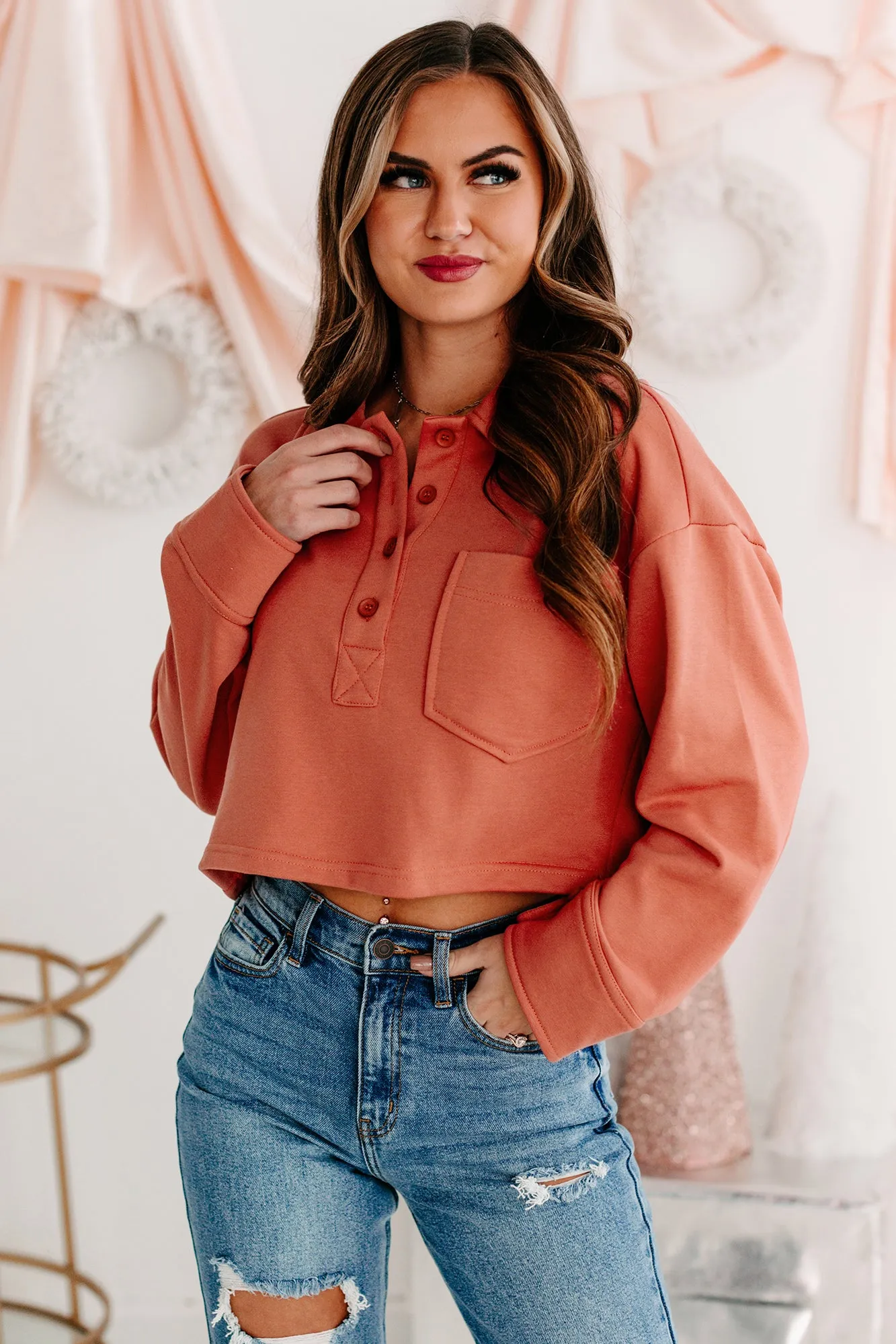 Let's Talk It Out French Terry Collared Crop Top (Brick)