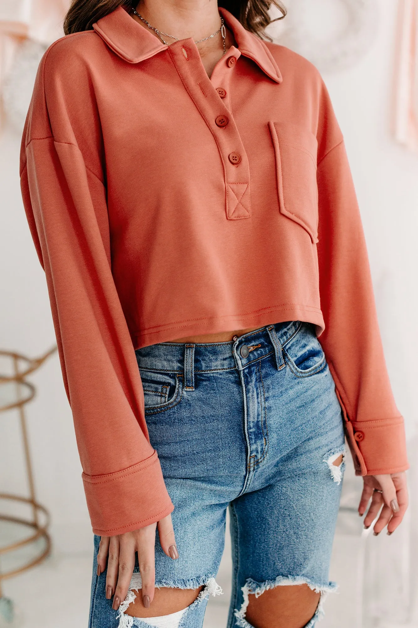 Let's Talk It Out French Terry Collared Crop Top (Brick)