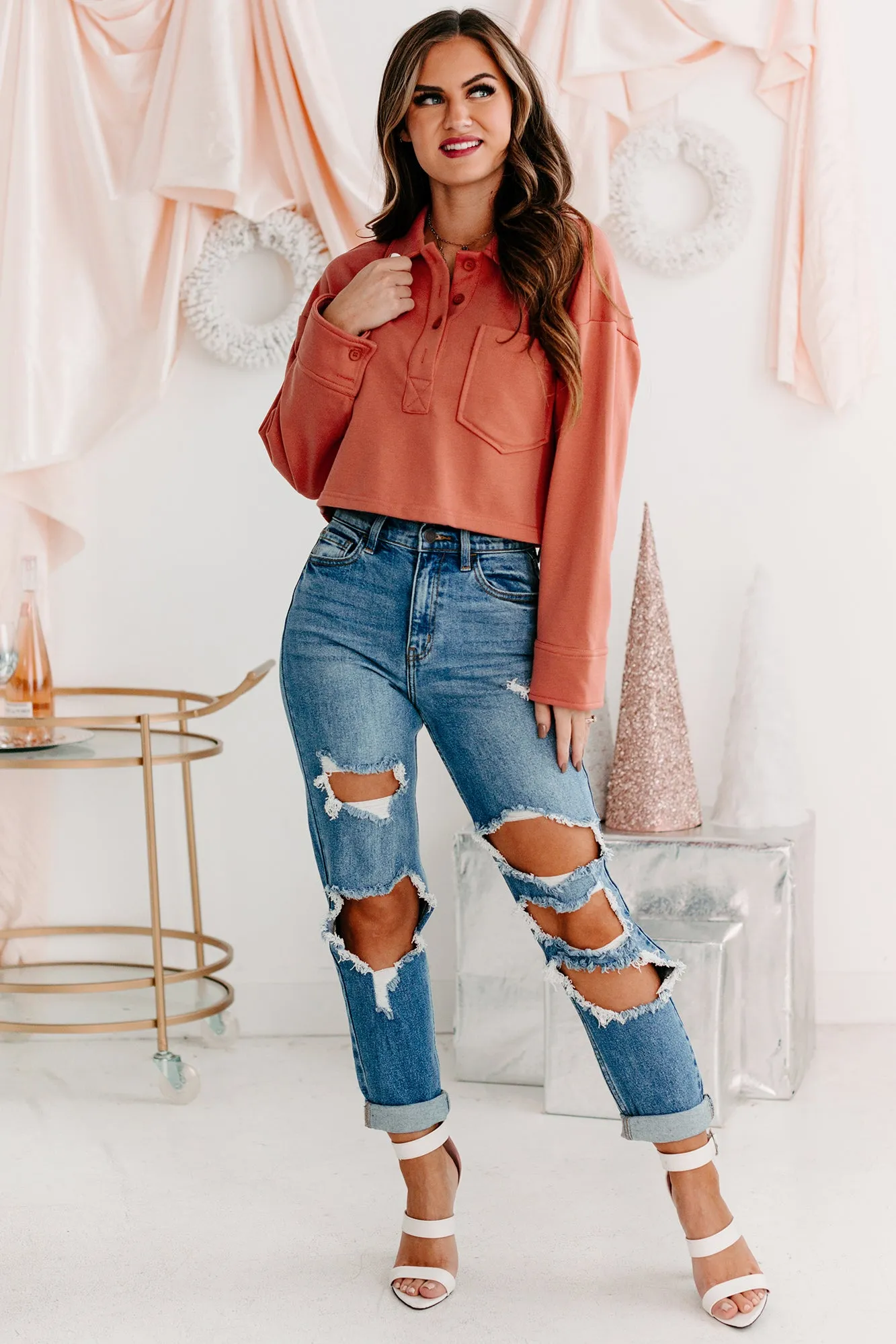 Let's Talk It Out French Terry Collared Crop Top (Brick)