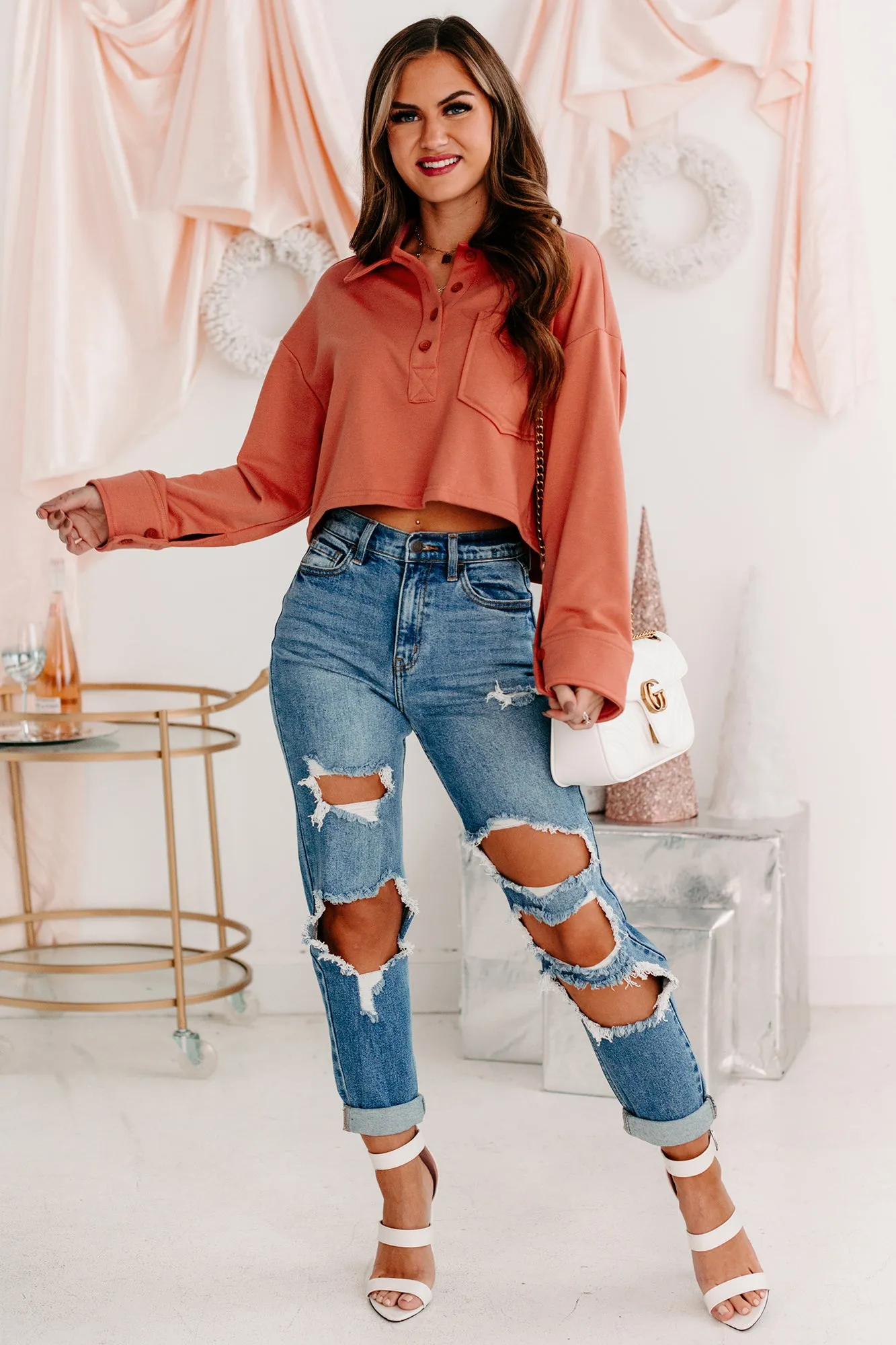 Let's Talk It Out French Terry Collared Crop Top (Brick)