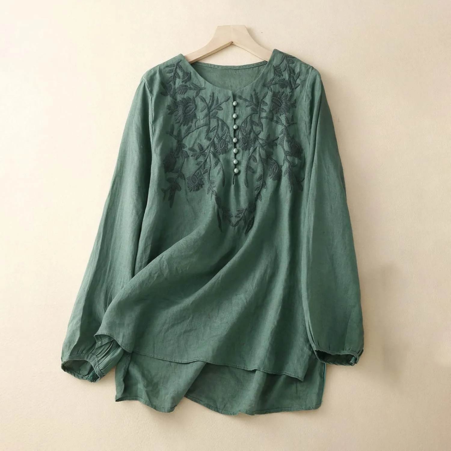 Long Sleeve Cotton Linen Shirts for Women Dressy Casual Button Down Embroidered Tops Loose Comfy Fall Blouses