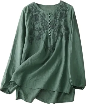 Long Sleeve Cotton Linen Shirts for Women Dressy Casual Button Down Embroidered Tops Loose Comfy Fall Blouses