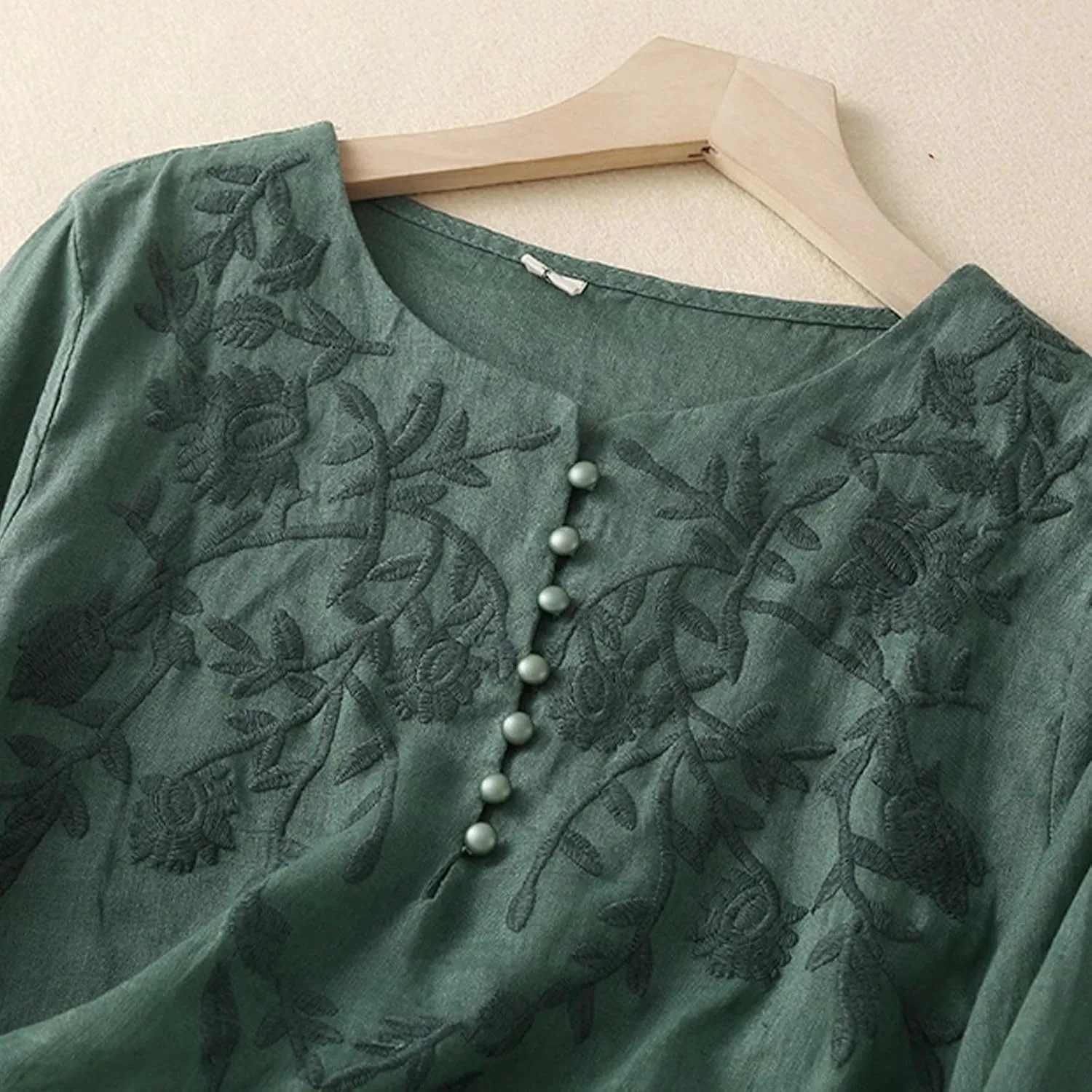 Long Sleeve Cotton Linen Shirts for Women Dressy Casual Button Down Embroidered Tops Loose Comfy Fall Blouses