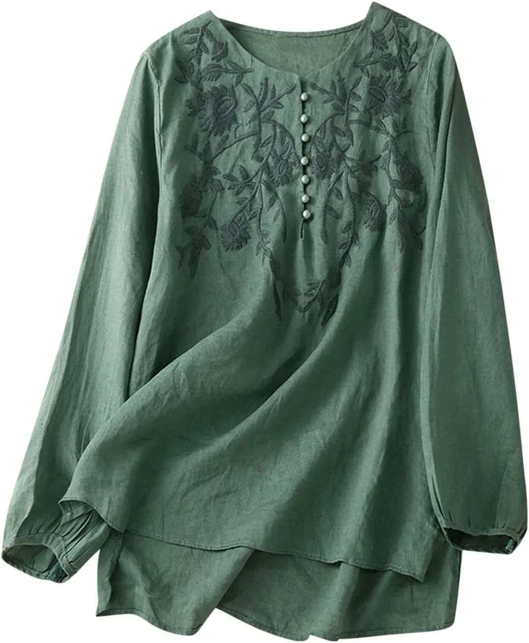 Long Sleeve Cotton Linen Shirts for Women Dressy Casual Button Down Embroidered Tops Loose Comfy Fall Blouses