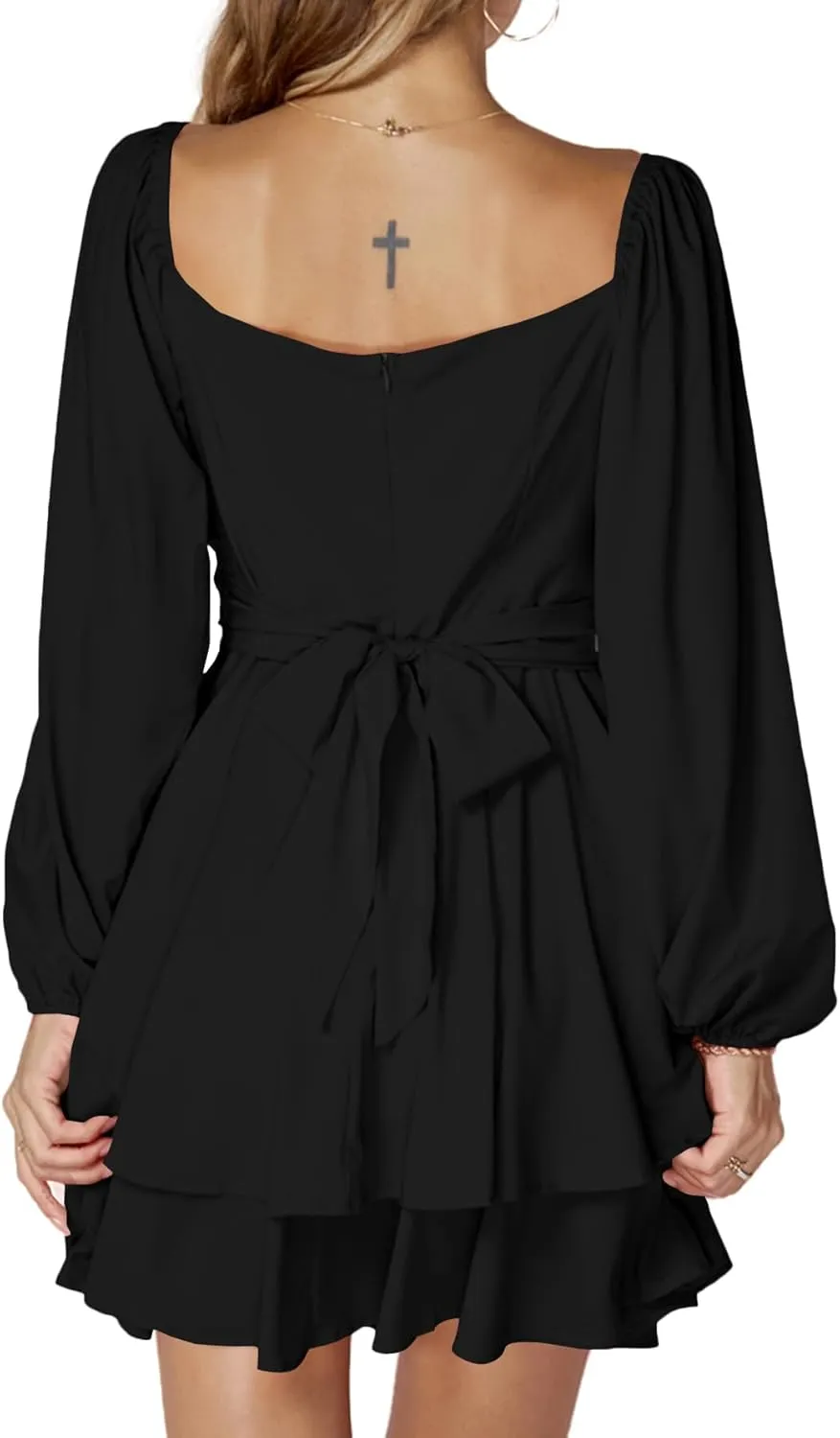 LYANER Women's Lantern Long Sleeve Wrap Tie Back Square Neck Double Layer Ruffle Hem A Line Short Mini Dress