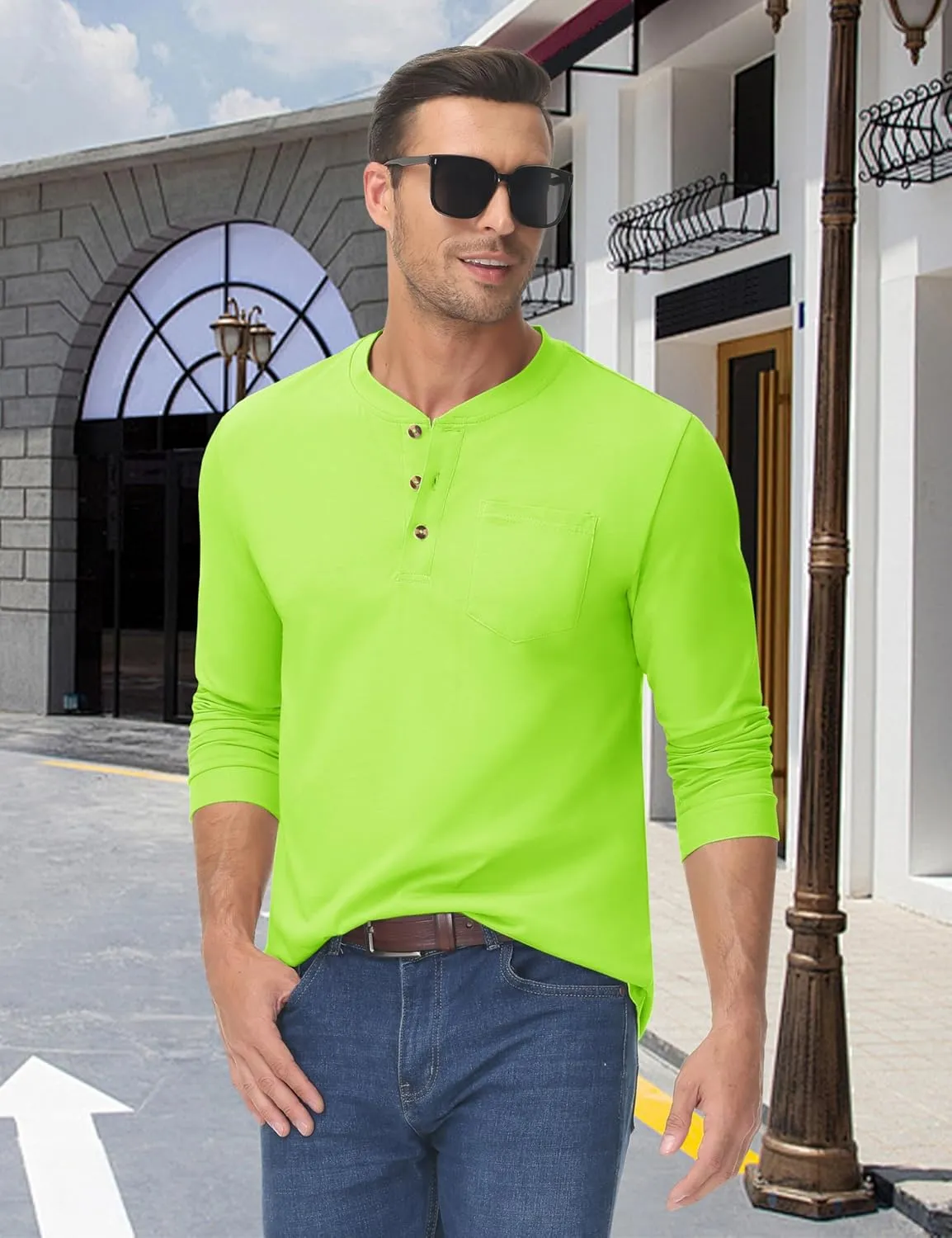MAGNIVIT Mens Henley Shirts Long Sleeve Fall Cotton Casual T-Shirts with Pocket Plain Moisture Wicking Tee with 3 Button