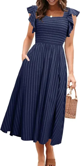 Miessial Womens Casual Summer Midi Dress Short Sleeve Smocked Linen Dresses 2025 Boho Beach Wedding Guest Dress with Pockets