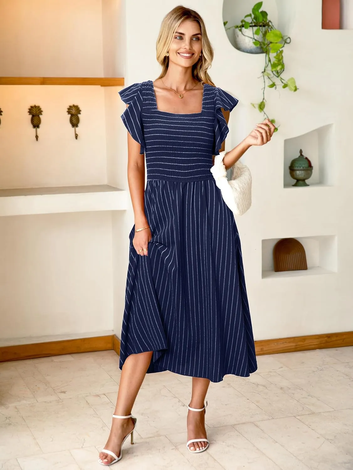 Miessial Womens Casual Summer Midi Dress Short Sleeve Smocked Linen Dresses 2025 Boho Beach Wedding Guest Dress with Pockets