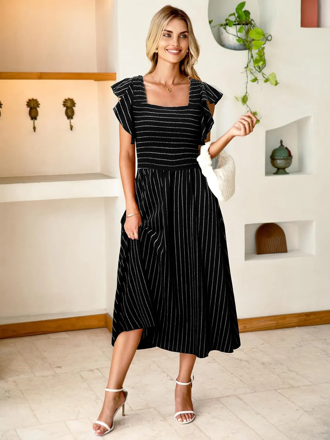 Miessial Womens Casual Summer Midi Dress Short Sleeve Smocked Linen Dresses 2025 Boho Beach Wedding Guest Dress with Pockets