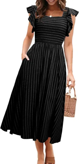 Miessial Womens Casual Summer Midi Dress Short Sleeve Smocked Linen Dresses 2025 Boho Beach Wedding Guest Dress with Pockets