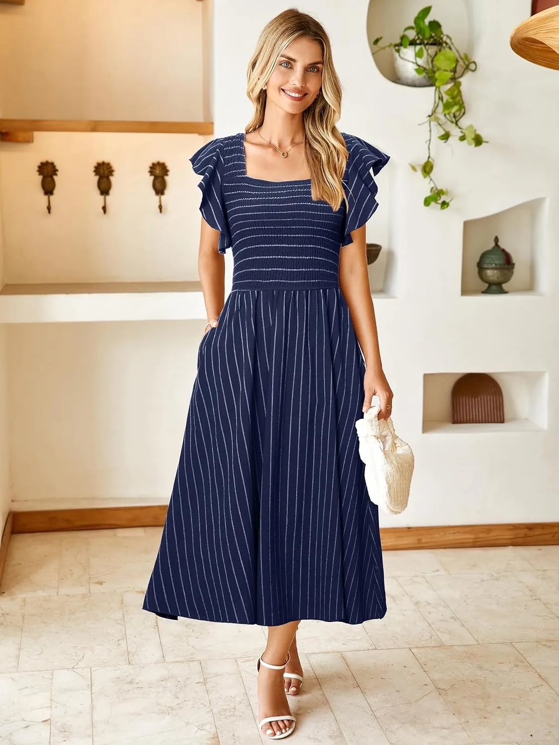 Miessial Womens Casual Summer Midi Dress Short Sleeve Smocked Linen Dresses 2025 Boho Beach Wedding Guest Dress with Pockets