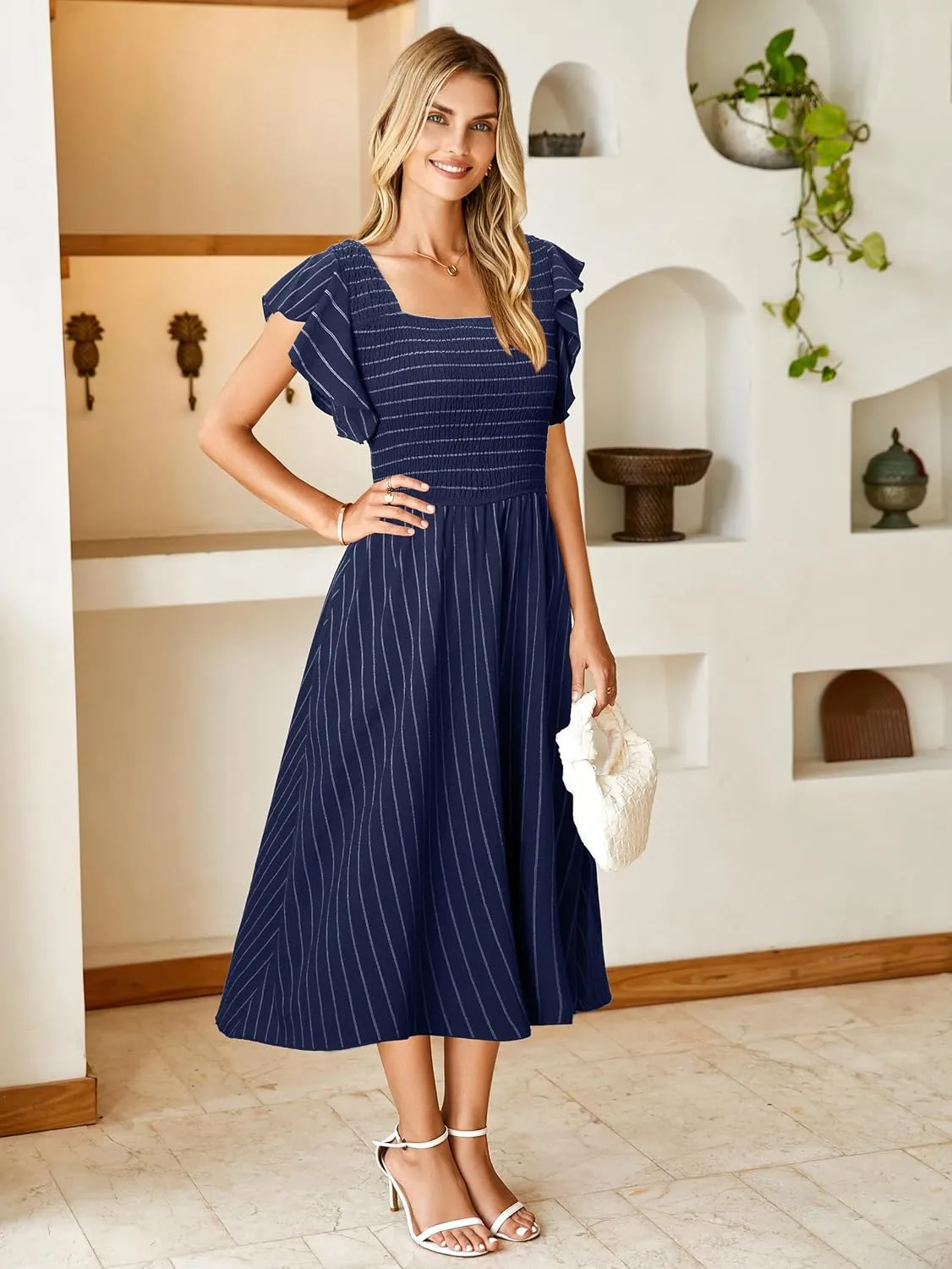 Miessial Womens Casual Summer Midi Dress Short Sleeve Smocked Linen Dresses 2025 Boho Beach Wedding Guest Dress with Pockets
