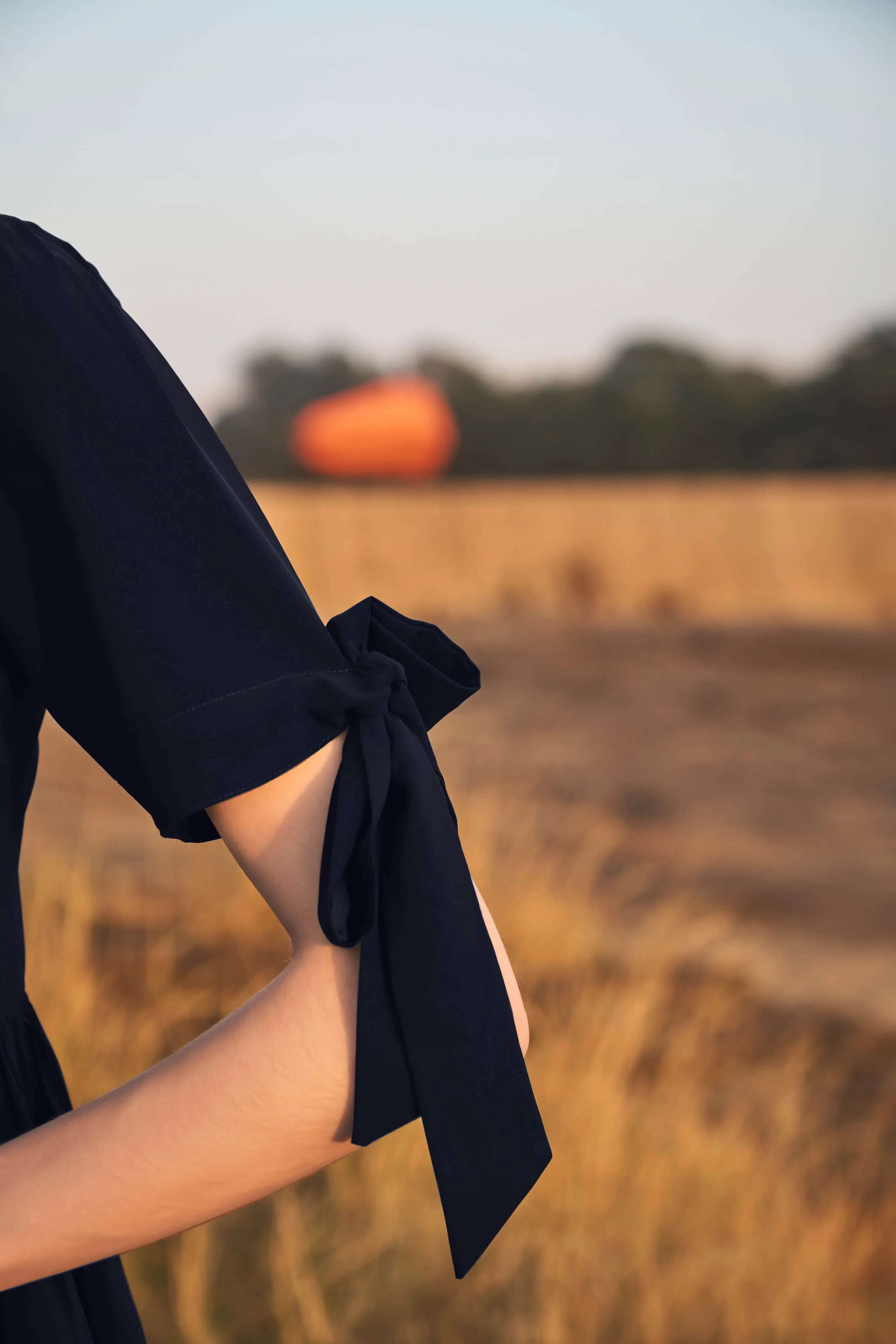 Navy Knotted Sleeve Ruffle Neck Peplum Top