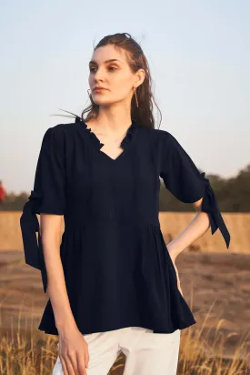 Navy Knotted Sleeve Ruffle Neck Peplum Top