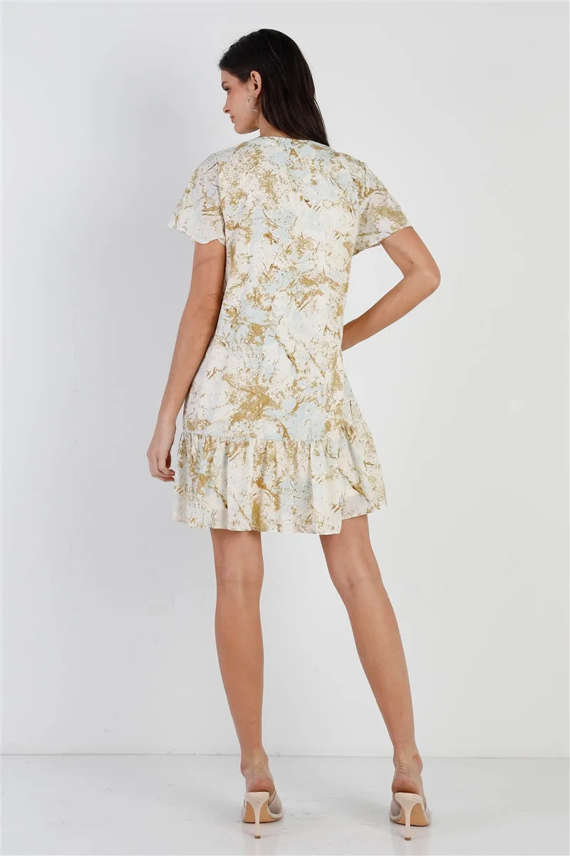 Olive & Taupe Color Paint Print Ruffle Hem Button Up Detail Mini Dress