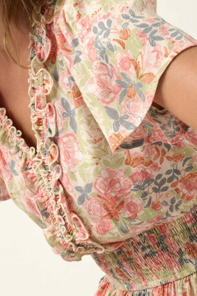 Painted Beauty Ruffled Floral Crepe Mini Dress