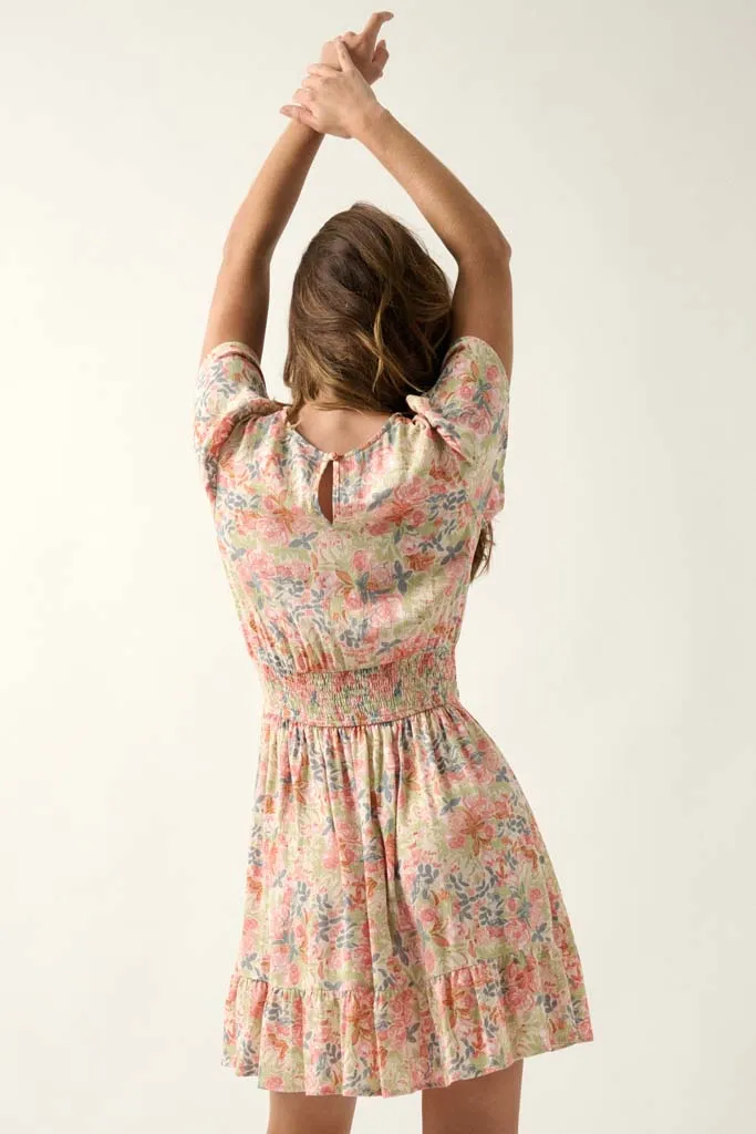 Painted Beauty Ruffled Floral Crepe Mini Dress