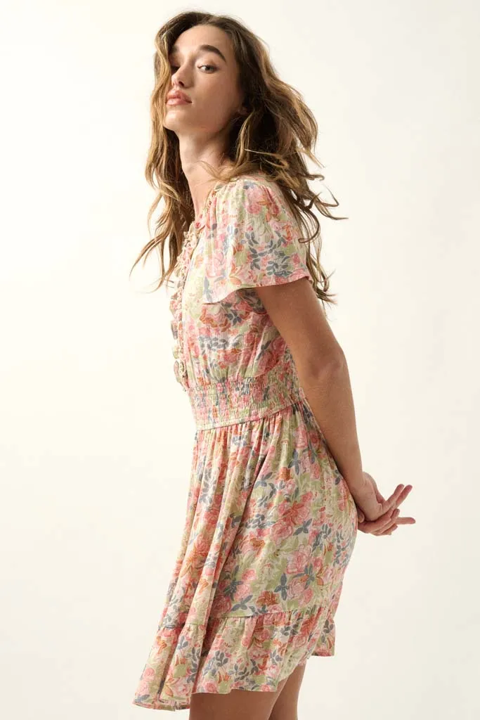 Painted Beauty Ruffled Floral Crepe Mini Dress