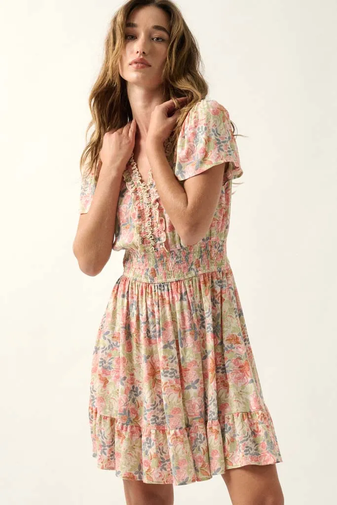 Painted Beauty Ruffled Floral Crepe Mini Dress