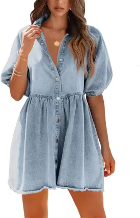 Pepochic Womens Summer Denim Dress Button Down Short Sleeve Babydoll Dress Puff Sleeve Flowy Jean Dress