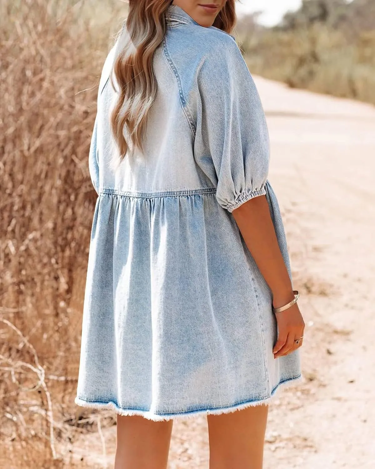Pepochic Womens Summer Denim Dress Button Down Short Sleeve Babydoll Dress Puff Sleeve Flowy Jean Dress