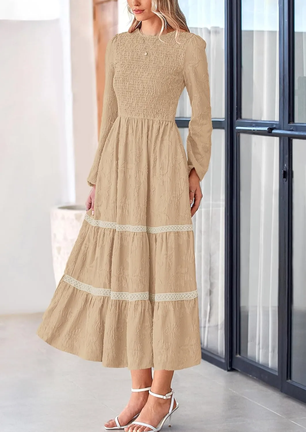 PRETTYGARDEN Women's Spring Midi Dress Fall Elegant Long Sleeve Smocked Flowy Boho Floral Wedding Guest Party Dresses