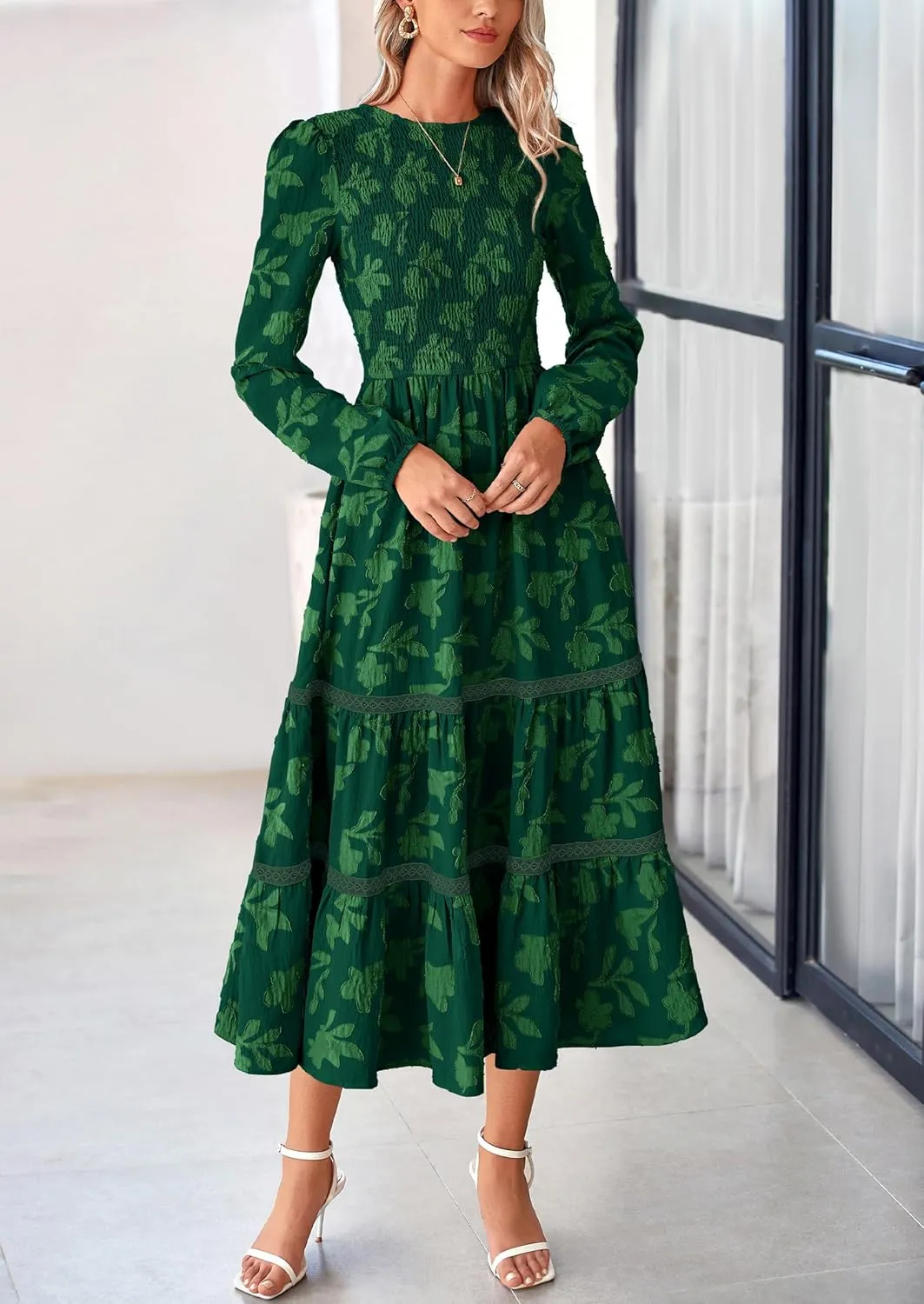 PRETTYGARDEN Women's Spring Midi Dress Fall Elegant Long Sleeve Smocked Flowy Boho Floral Wedding Guest Party Dresses