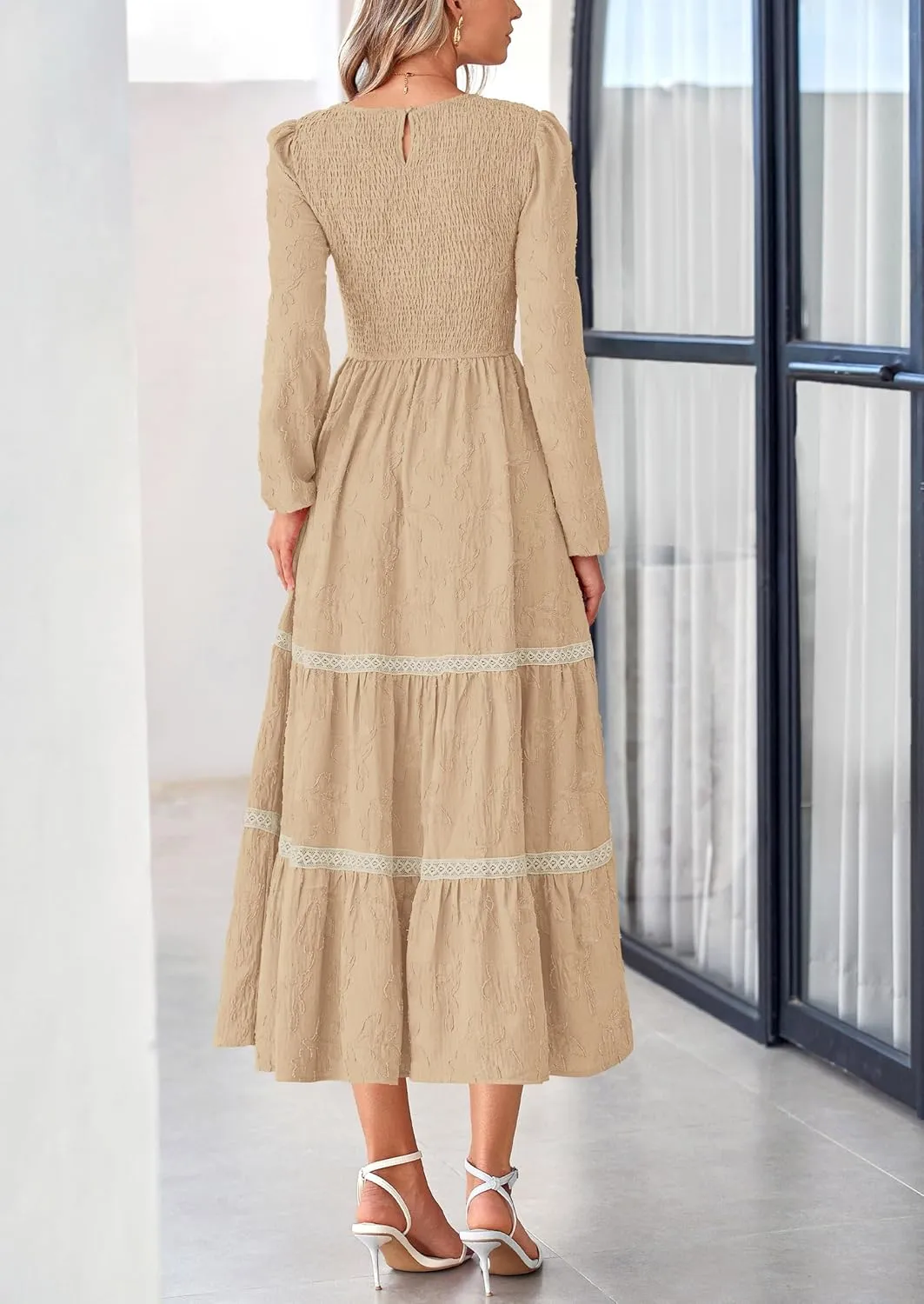 PRETTYGARDEN Women's Spring Midi Dress Fall Elegant Long Sleeve Smocked Flowy Boho Floral Wedding Guest Party Dresses