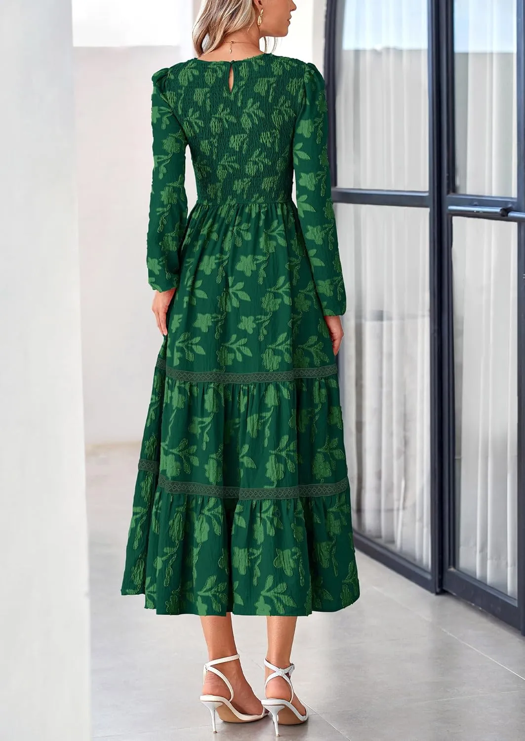 PRETTYGARDEN Women's Spring Midi Dress Fall Elegant Long Sleeve Smocked Flowy Boho Floral Wedding Guest Party Dresses
