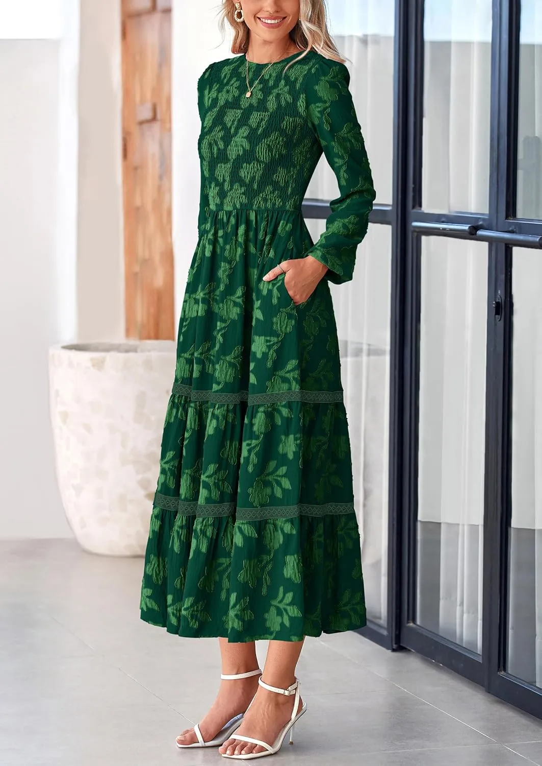 PRETTYGARDEN Women's Spring Midi Dress Fall Elegant Long Sleeve Smocked Flowy Boho Floral Wedding Guest Party Dresses