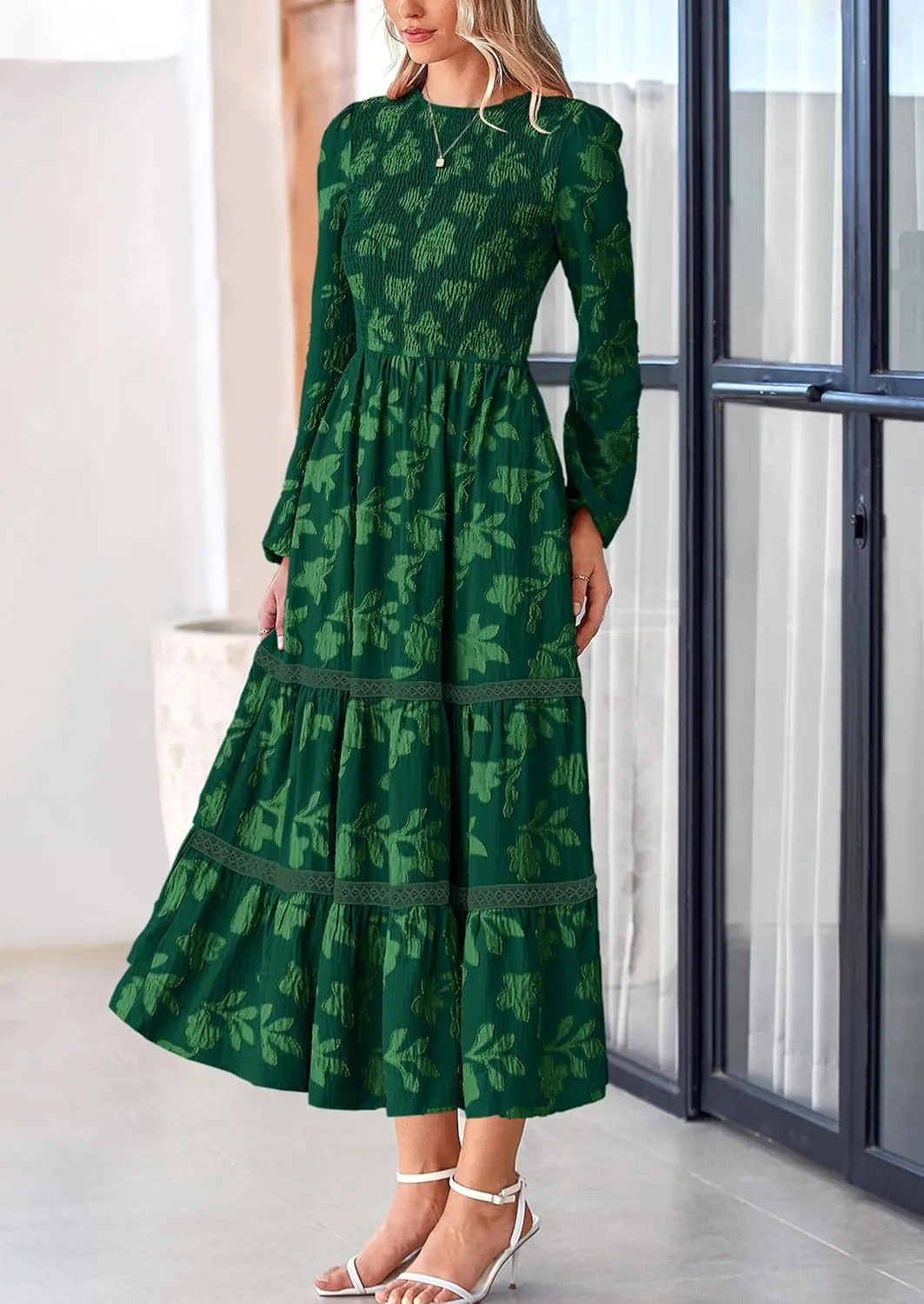 PRETTYGARDEN Women's Spring Midi Dress Fall Elegant Long Sleeve Smocked Flowy Boho Floral Wedding Guest Party Dresses