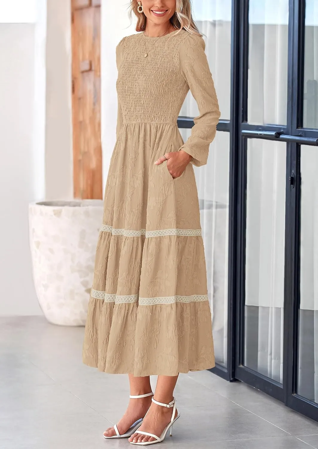 PRETTYGARDEN Women's Spring Midi Dress Fall Elegant Long Sleeve Smocked Flowy Boho Floral Wedding Guest Party Dresses