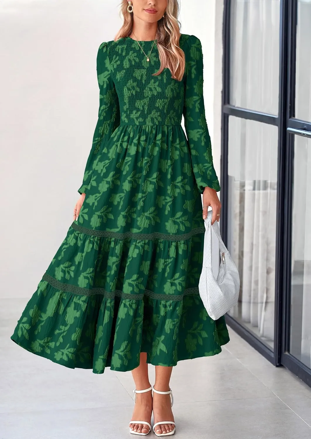PRETTYGARDEN Women's Spring Midi Dress Fall Elegant Long Sleeve Smocked Flowy Boho Floral Wedding Guest Party Dresses