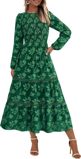 PRETTYGARDEN Women's Spring Midi Dress Fall Elegant Long Sleeve Smocked Flowy Boho Floral Wedding Guest Party Dresses