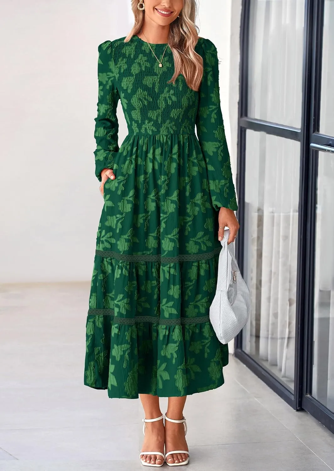 PRETTYGARDEN Women's Spring Midi Dress Fall Elegant Long Sleeve Smocked Flowy Boho Floral Wedding Guest Party Dresses