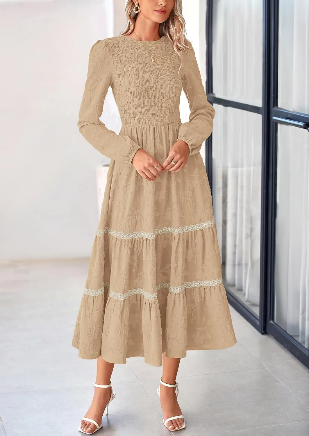 PRETTYGARDEN Women's Spring Midi Dress Fall Elegant Long Sleeve Smocked Flowy Boho Floral Wedding Guest Party Dresses