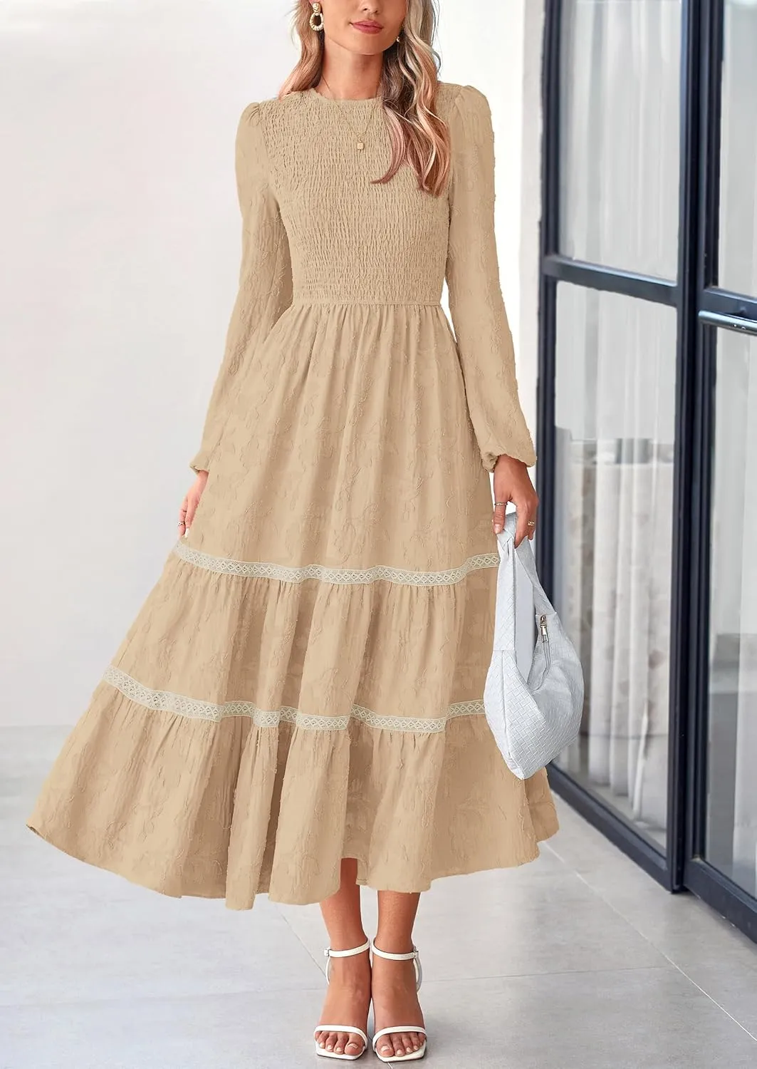 PRETTYGARDEN Women's Spring Midi Dress Fall Elegant Long Sleeve Smocked Flowy Boho Floral Wedding Guest Party Dresses