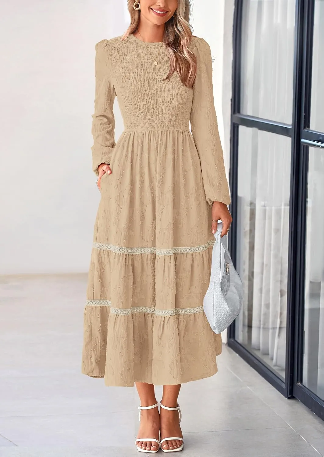 PRETTYGARDEN Women's Spring Midi Dress Fall Elegant Long Sleeve Smocked Flowy Boho Floral Wedding Guest Party Dresses