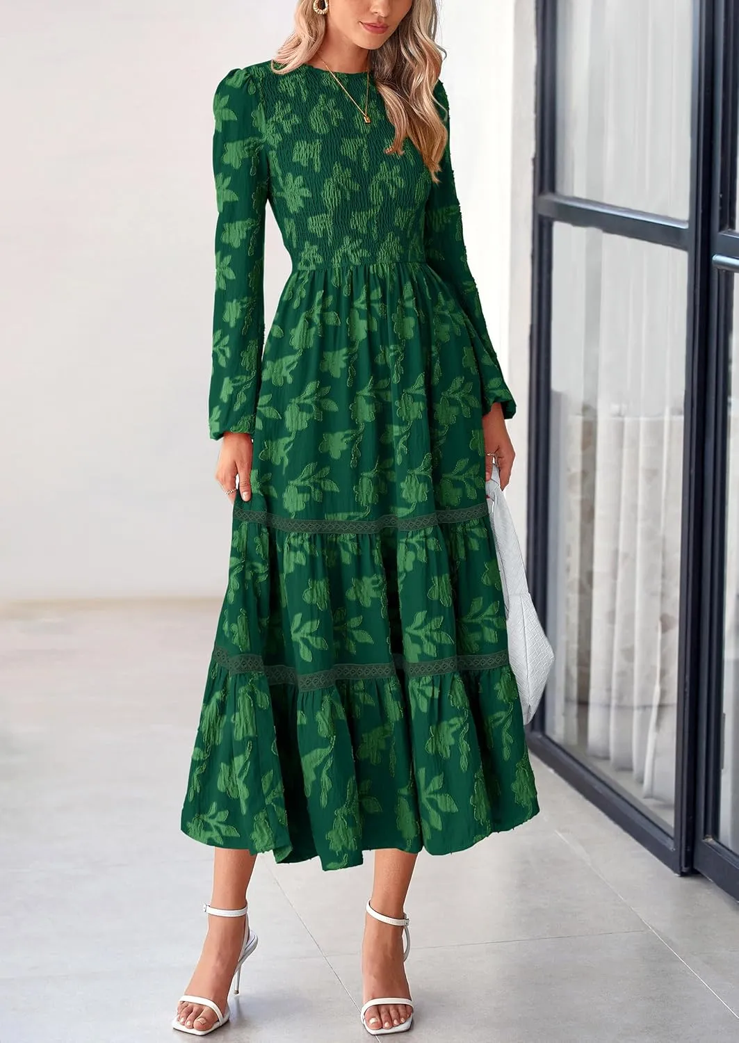 PRETTYGARDEN Women's Spring Midi Dress Fall Elegant Long Sleeve Smocked Flowy Boho Floral Wedding Guest Party Dresses