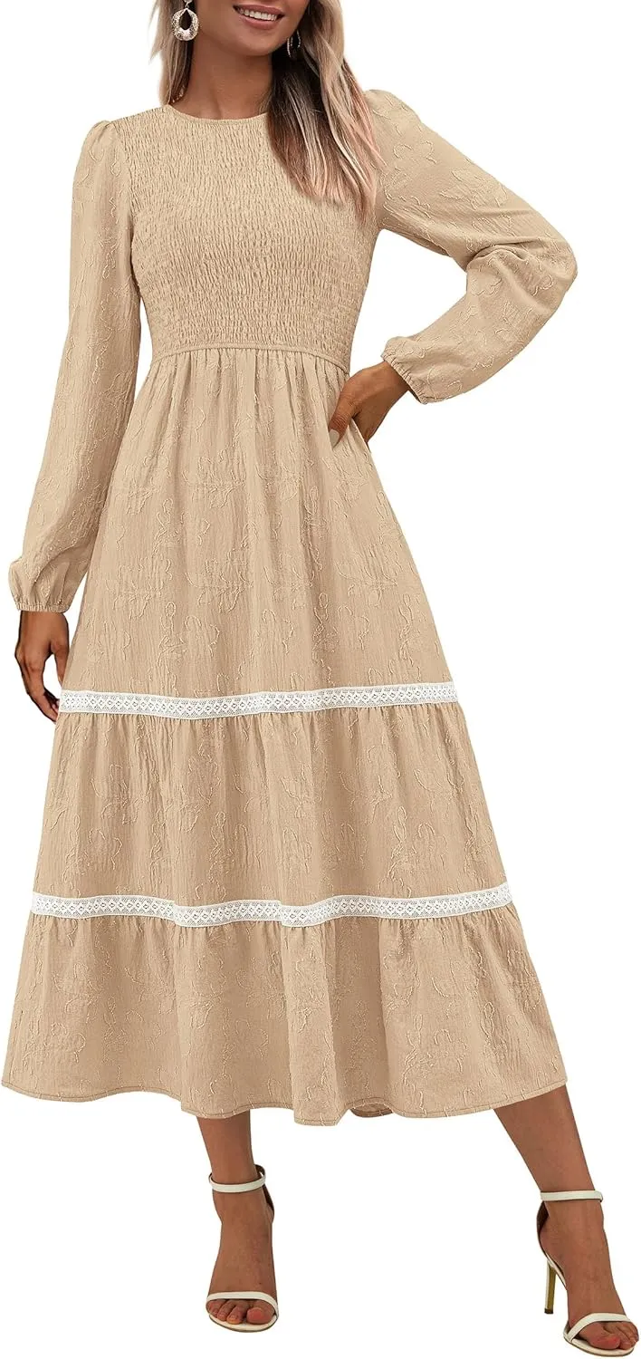 PRETTYGARDEN Women's Spring Midi Dress Fall Elegant Long Sleeve Smocked Flowy Boho Floral Wedding Guest Party Dresses