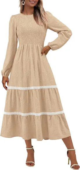 PRETTYGARDEN Women's Spring Midi Dress Fall Elegant Long Sleeve Smocked Flowy Boho Floral Wedding Guest Party Dresses