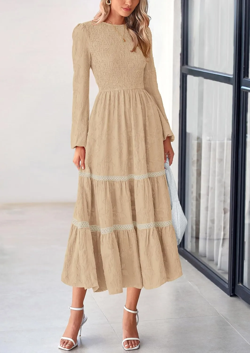 PRETTYGARDEN Women's Spring Midi Dress Fall Elegant Long Sleeve Smocked Flowy Boho Floral Wedding Guest Party Dresses