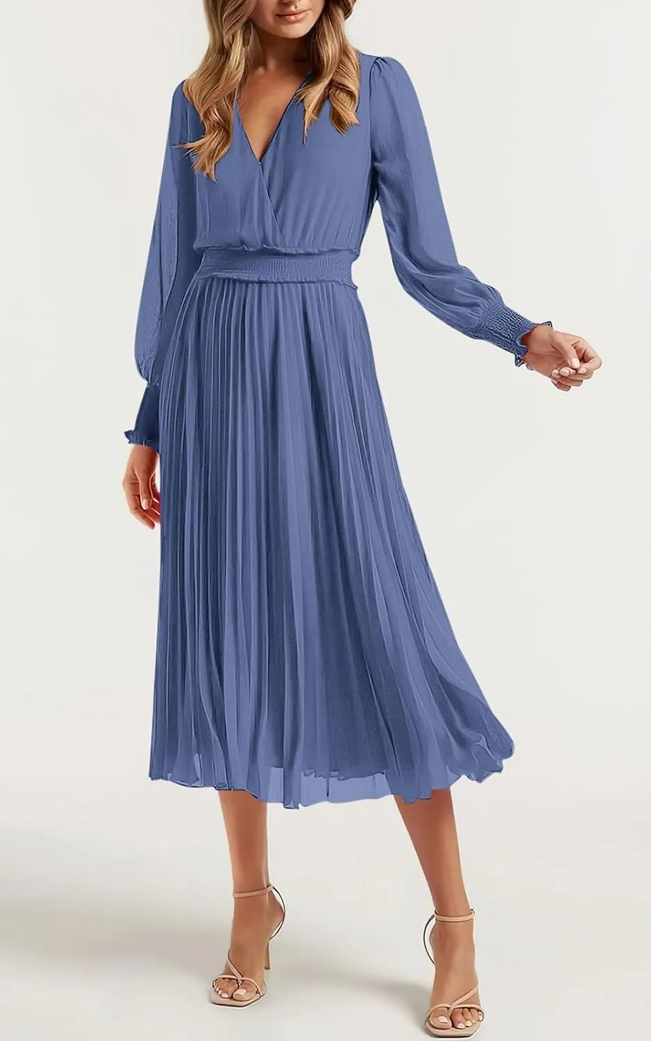 PRETTYGARDEN Womens Wrap V Neck Spring Dresses Wedding Guest Casual Pleated Long Sleeve Midi Dress Ruffle Smocked Long Dress