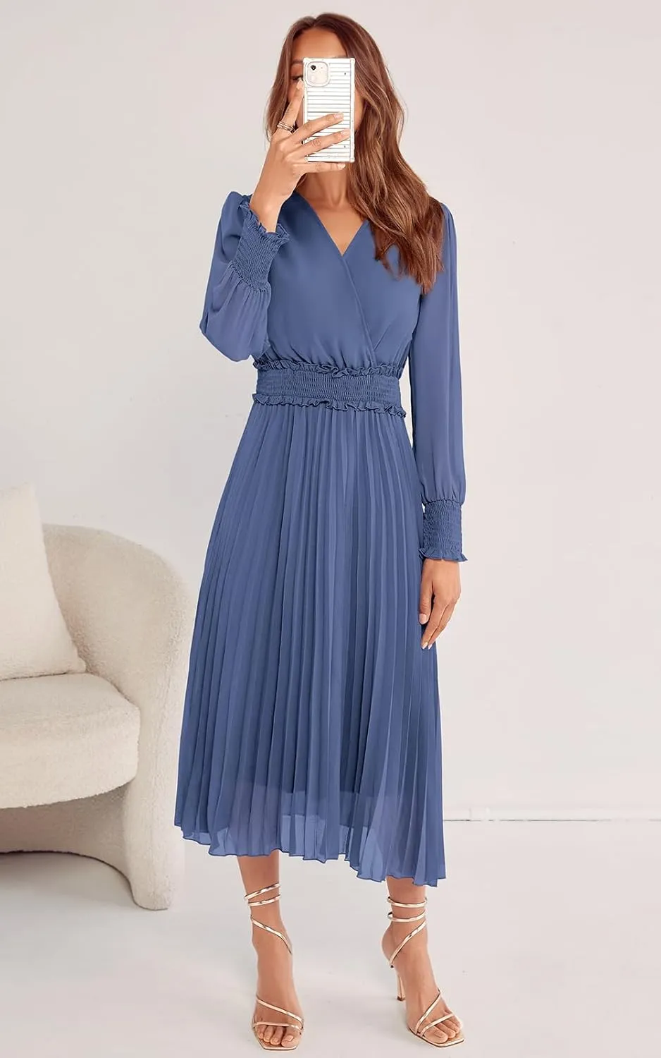 PRETTYGARDEN Womens Wrap V Neck Spring Dresses Wedding Guest Casual Pleated Long Sleeve Midi Dress Ruffle Smocked Long Dress