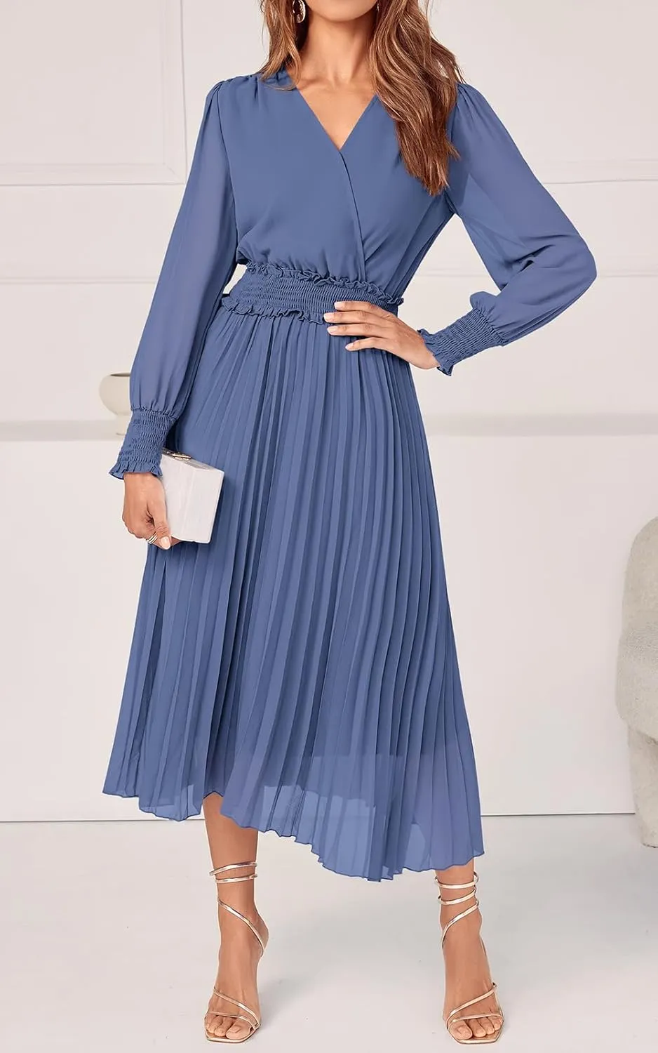 PRETTYGARDEN Womens Wrap V Neck Spring Dresses Wedding Guest Casual Pleated Long Sleeve Midi Dress Ruffle Smocked Long Dress