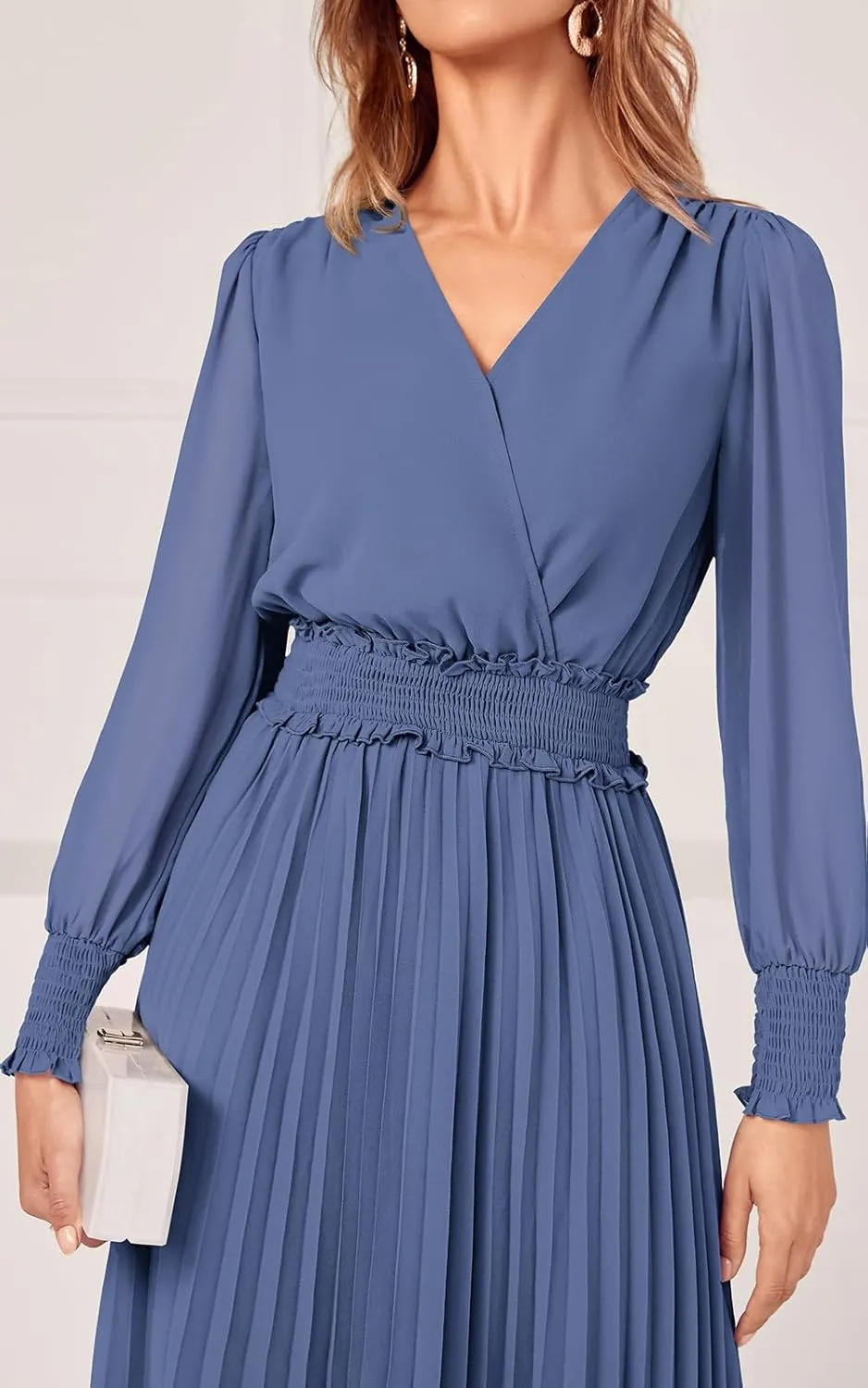 PRETTYGARDEN Womens Wrap V Neck Spring Dresses Wedding Guest Casual Pleated Long Sleeve Midi Dress Ruffle Smocked Long Dress