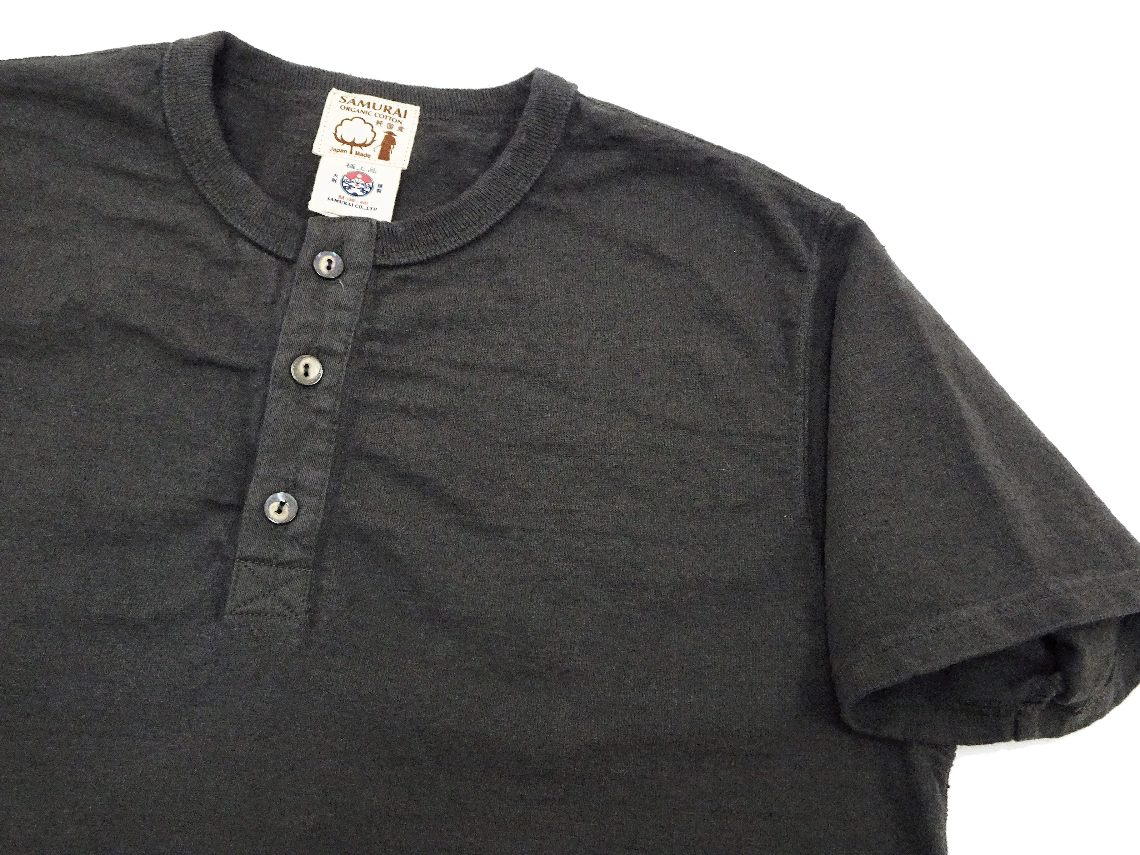Samurai Jeans Plain Henly T-shirt Men's Super Heavy Short Sleeve Natural Japanese Cotton Slub Tee SJST-SC02 Kuromame Black Bean Color