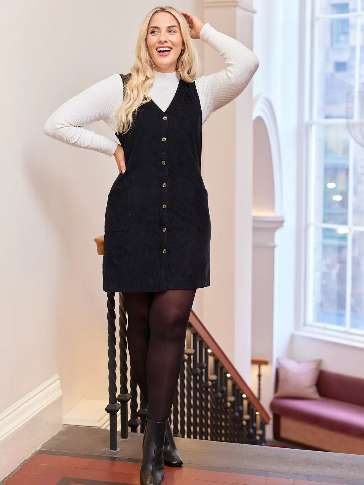 Sandie - Button Down Pinafore Dress - Black